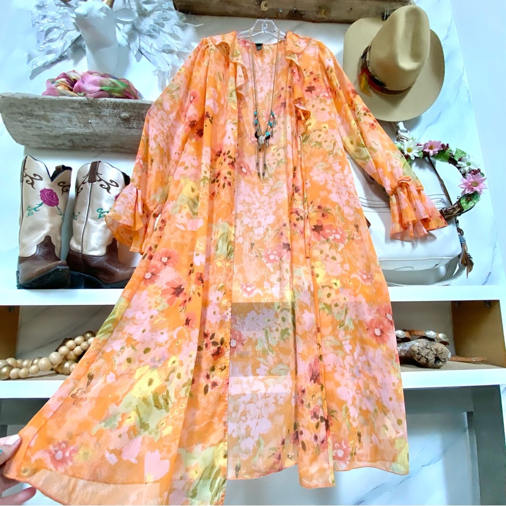 Anthropologie Orange Floral Sheer Swim Coverup